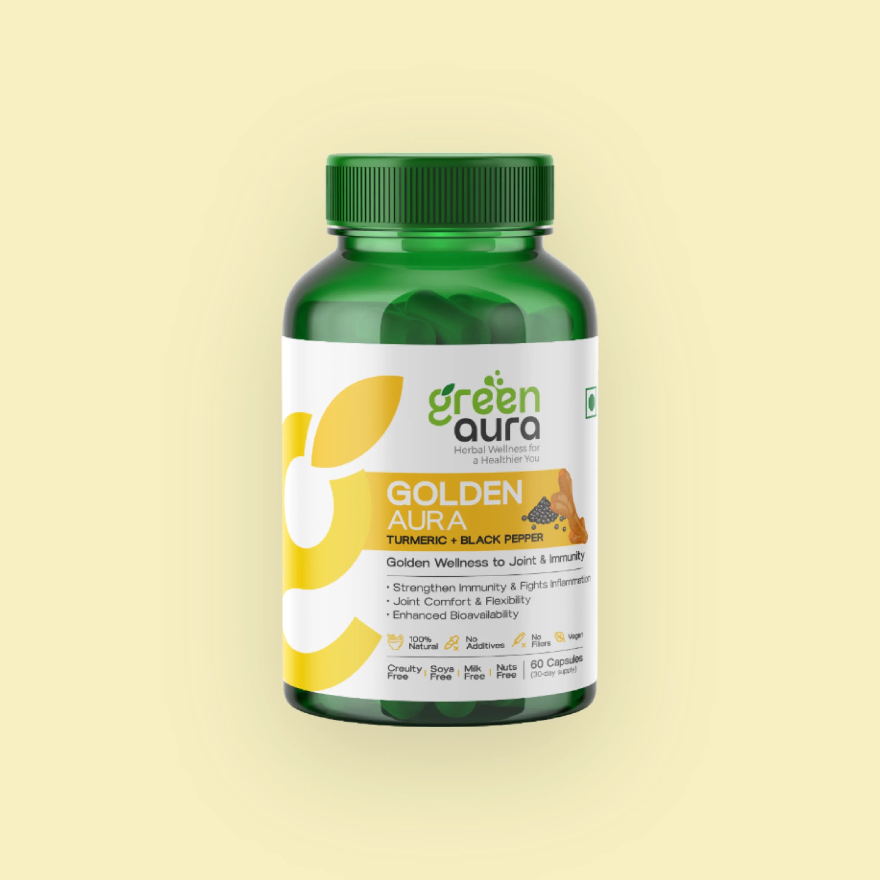 Golden Aura bottle, 60 capsules, front